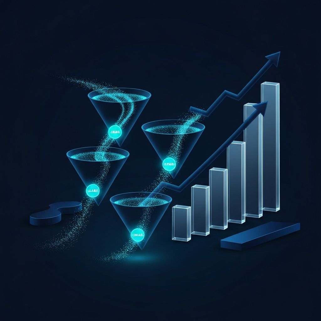 Abstract visualization of pipeline growth with ascending funnel and conversion flows