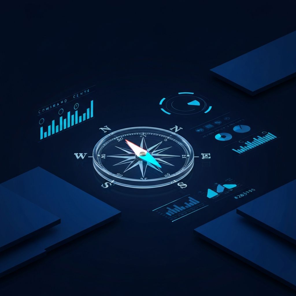 Abstract visualization of executive marketing leadership with strategic compass elements