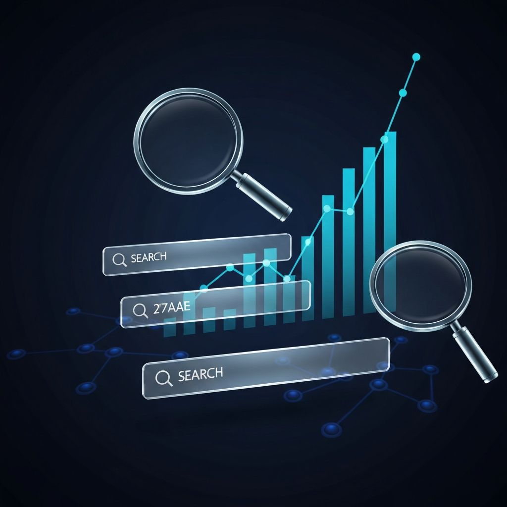 Abstract visualization of search visibility with rising data graphs and neural connections